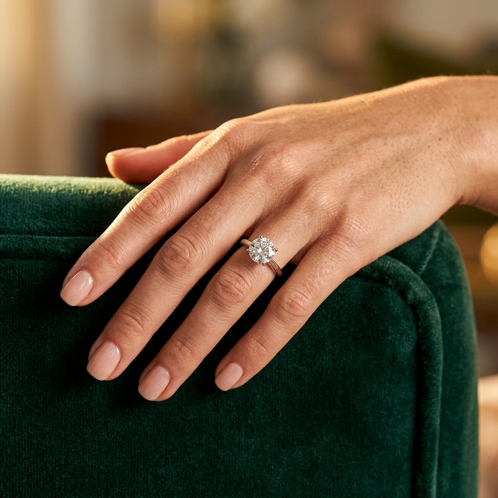 Solitaire Round Diamond Engagement Ring - worn lifestyle photo
