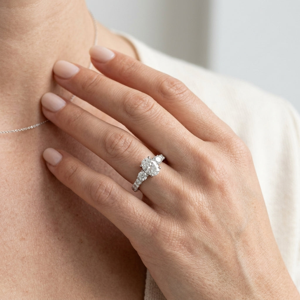 3-Stone Trellis Oval Engagement Ring - worn lifestyle photo