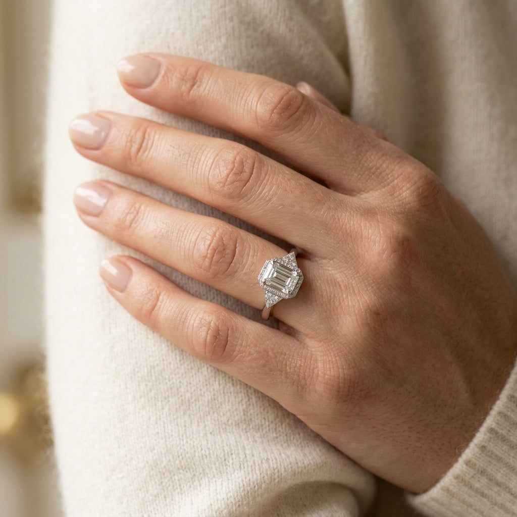 Emerald Cut Engagement Ring - worn lifestyle photo