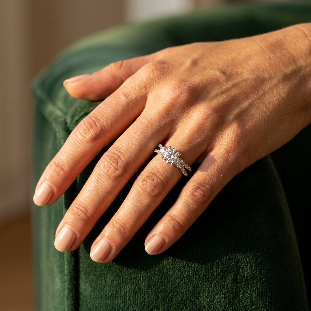 Split Shank Round Diamond Engagement Ring - worn lifestyle photo