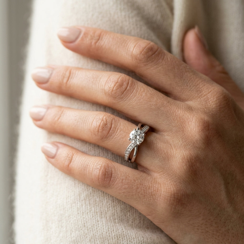 Swirl Channel Set Engagement Ring - worn lifestyle photo
