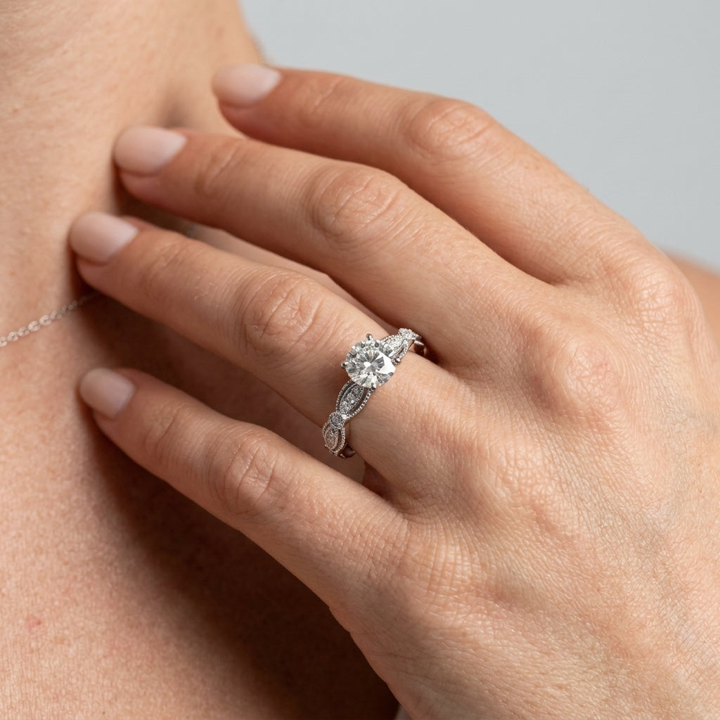 Vintage Inspired Engagement Ring - worn lifestyle photo