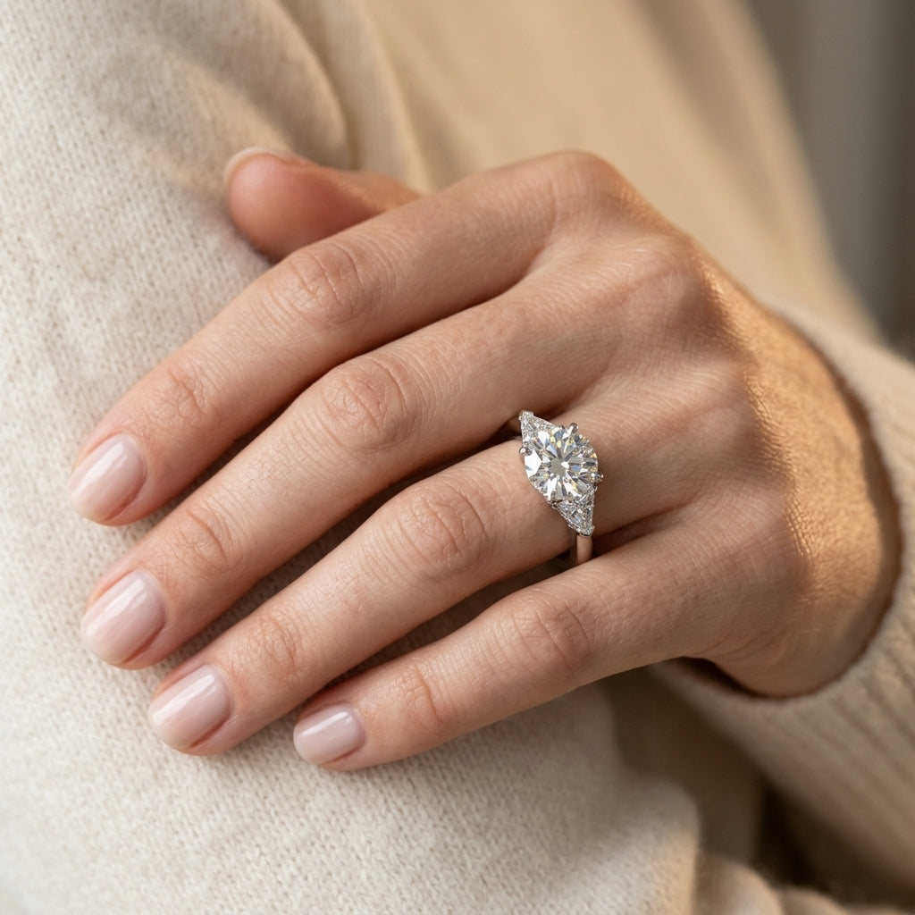 3-Stone Trillion Shape Engagement Ring - worn lifestyle photo
