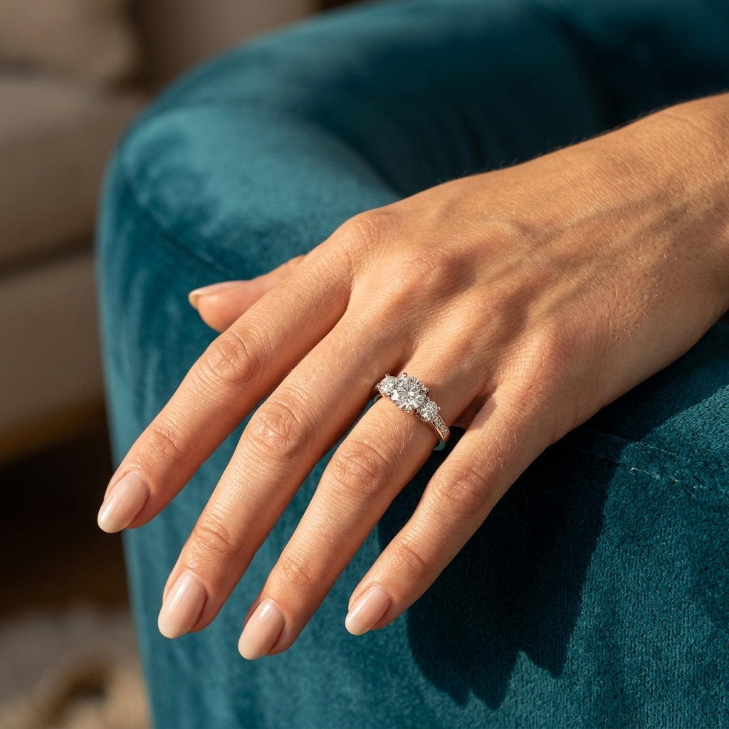 3-Stone Single Row Engagement Ring - worn lifestyle photo