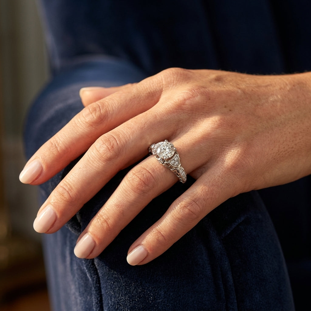 Vintage Inspired Engagement Ring - worn lifestyle photo