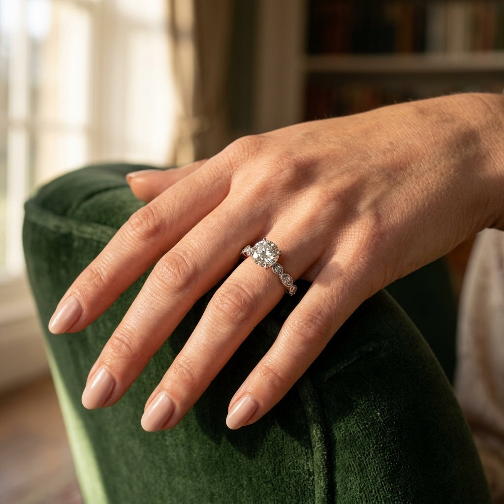Vintage-Inspired Milgrain Engagement Ring - worn lifestyle photo
