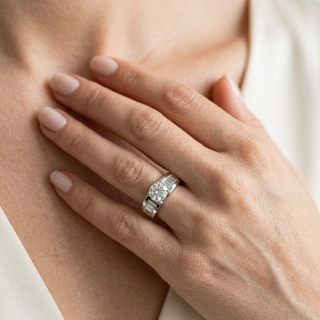 Wide Channel-Set Straight Baguette Engagement Ring - worn lifestyle photo