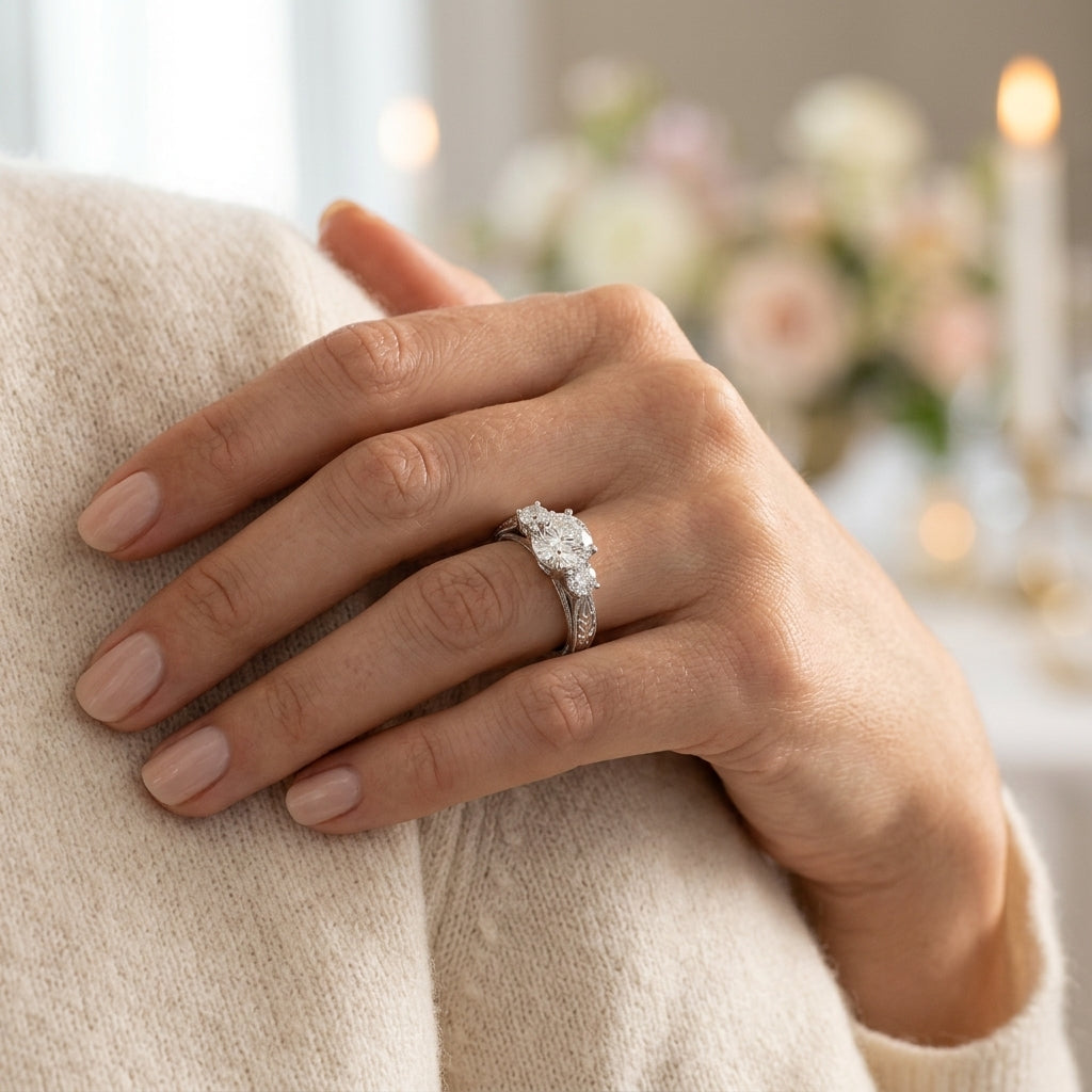 3-Stone Vintage-Inspired Engagement Ring - worn lifestyle photo