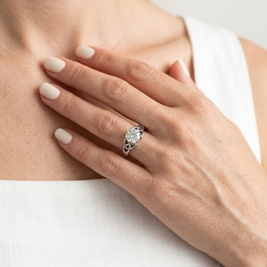 Celtic Knot Solitaire Engagement Ring - worn lifestyle photo
