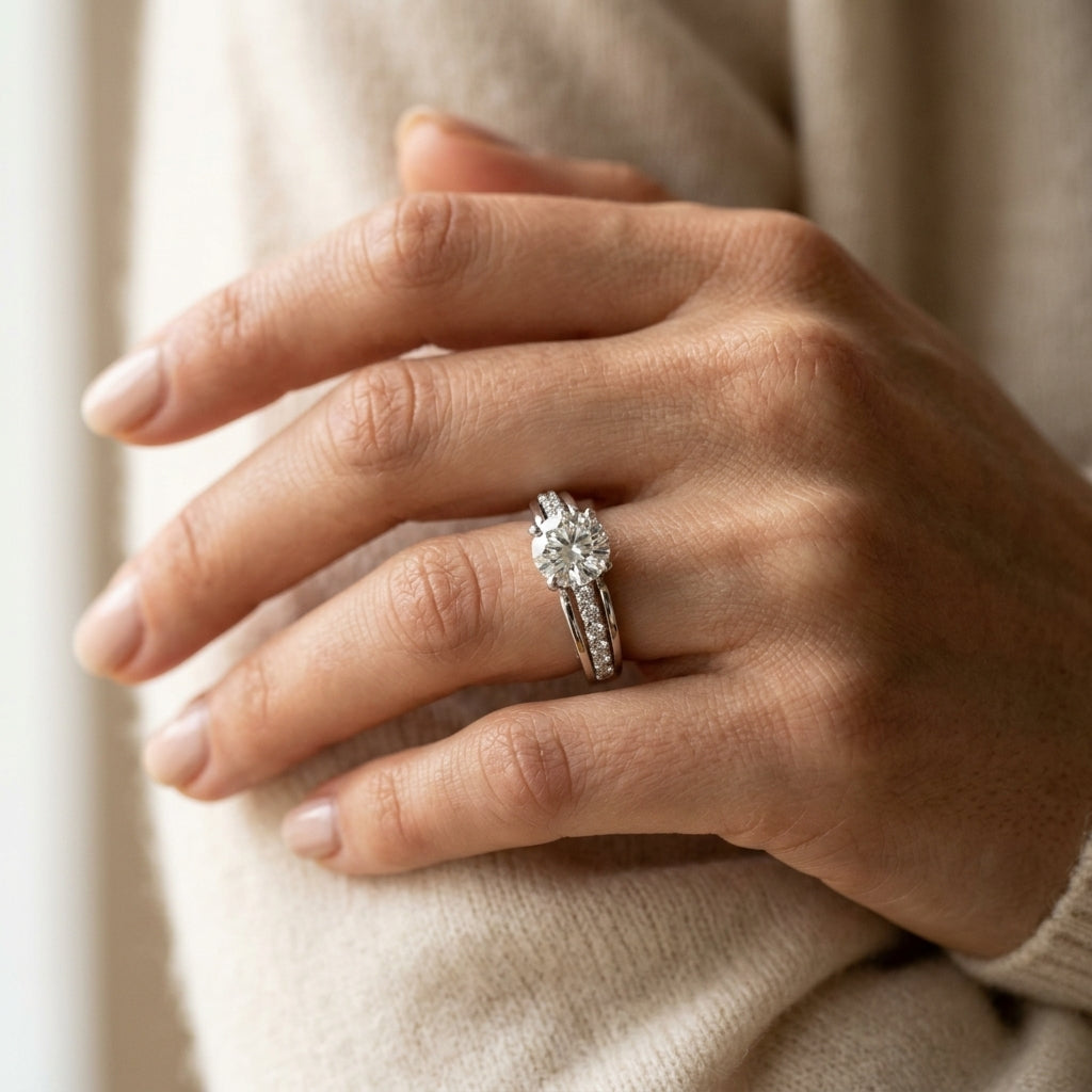 Single Row Prong Set Engagement Ring - worn lifestyle photo