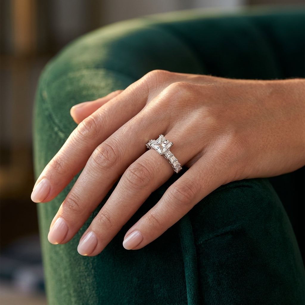 Single Row Princess Cut Trellis Engagement Ring - worn lifestyle photo