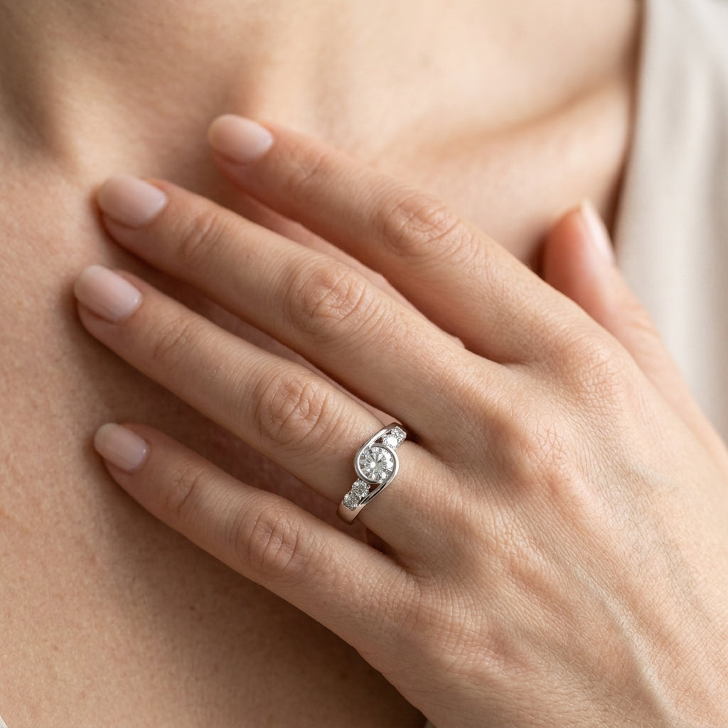 Bezel Set Bypass Engagement Ring - worn lifestyle photo