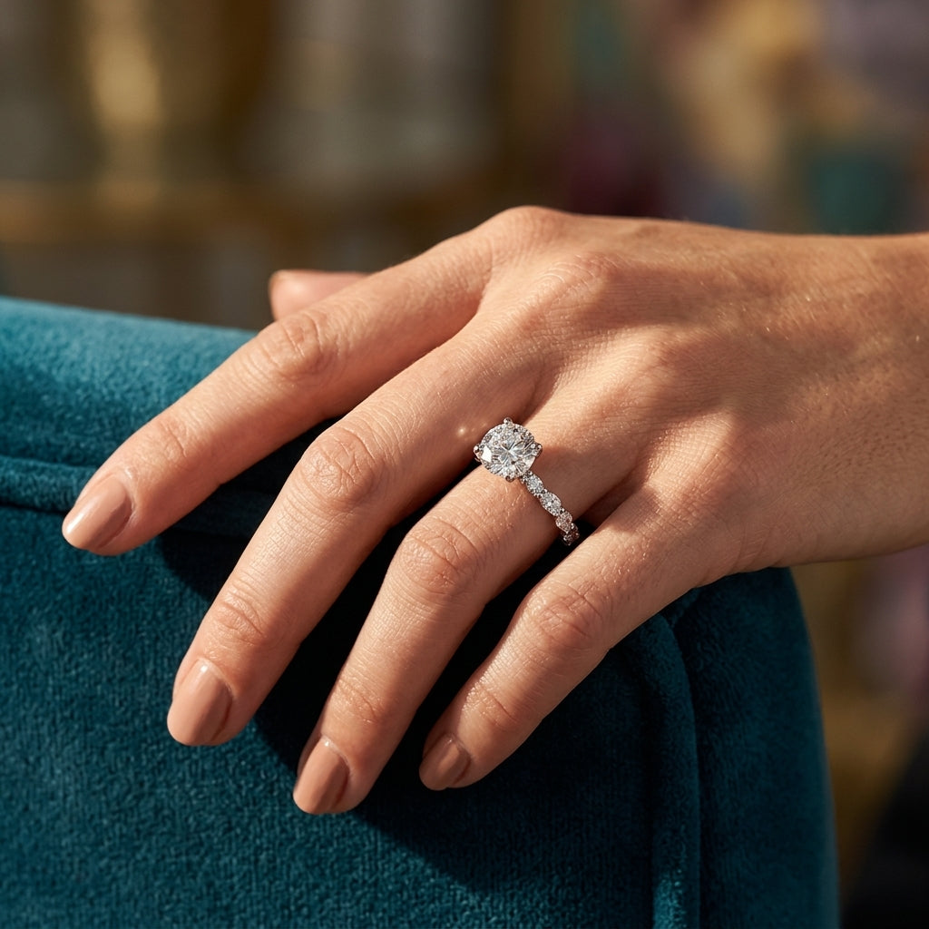 Shared Prong Engagement Ring - worn lifestyle photo