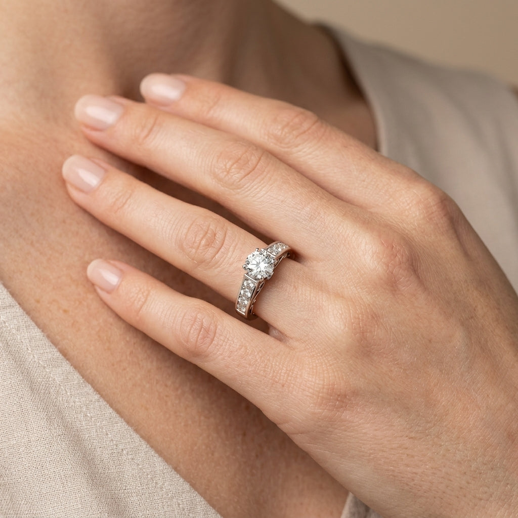 Single-Row Concealed Stone Engagement Ring - worn lifestyle photo