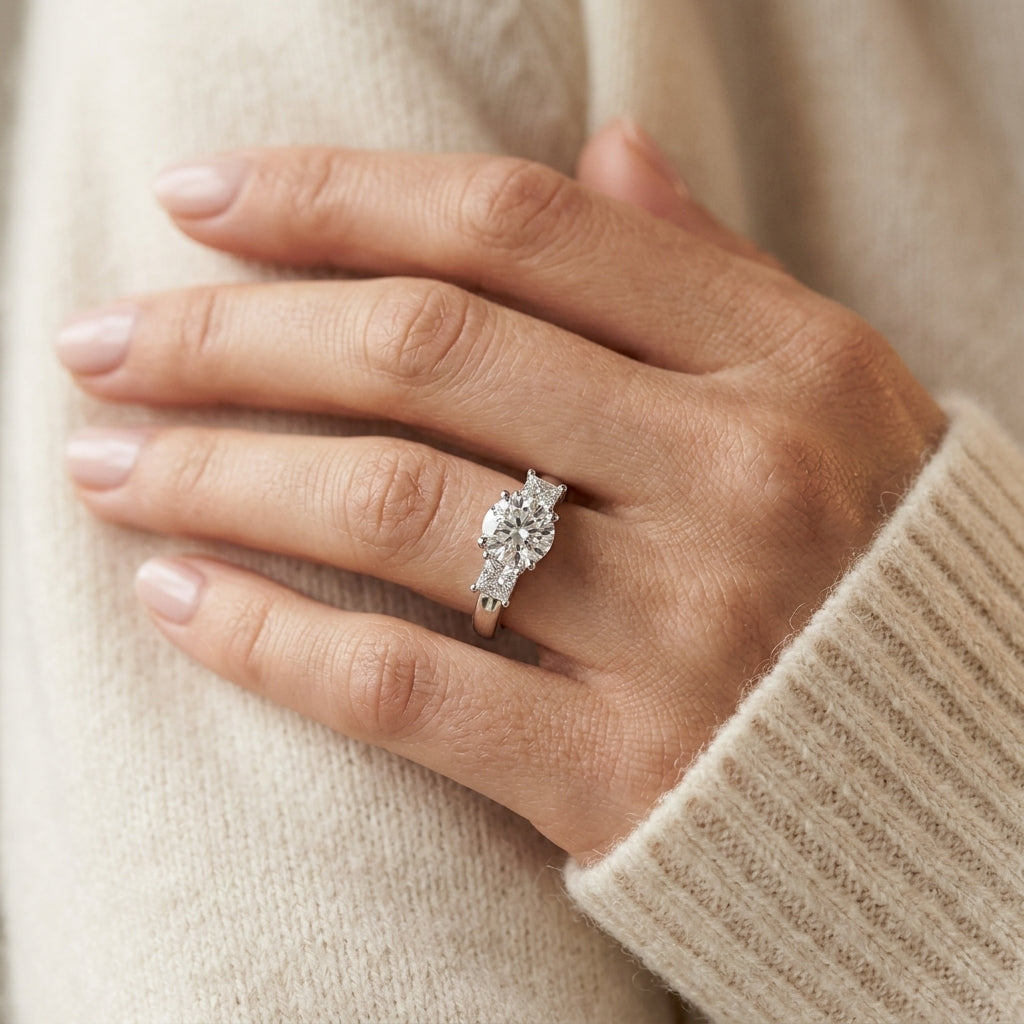 3-Stone Princess Cut Engagement Ring - worn lifestyle photo