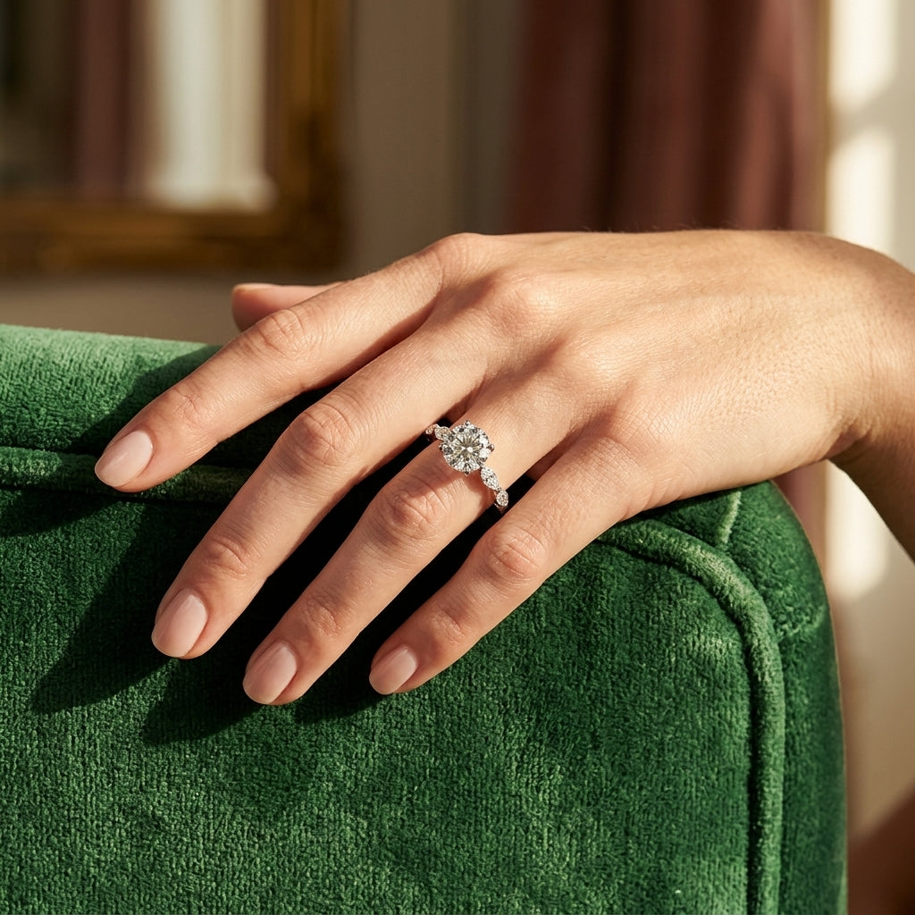 V-Tip Marquise Accented Engagement Ring - worn lifestyle photo