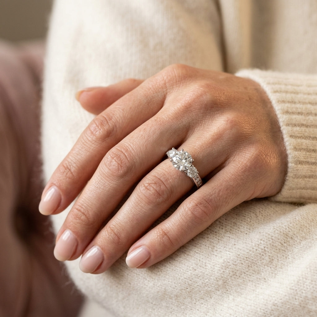 3-Stone Channel Set Engagement Ring - worn lifestyle photo