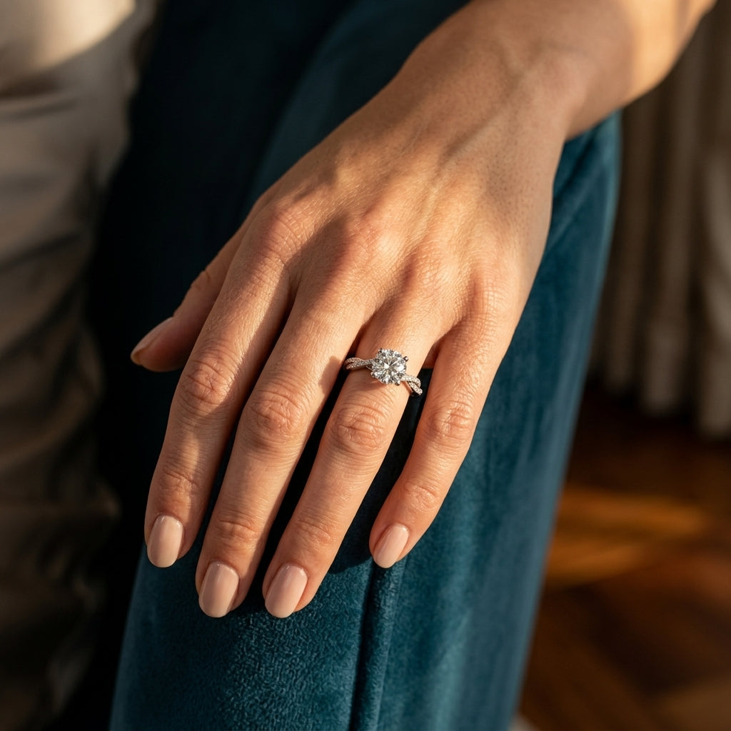 Twisting Round Engagement Ring - worn lifestyle photo