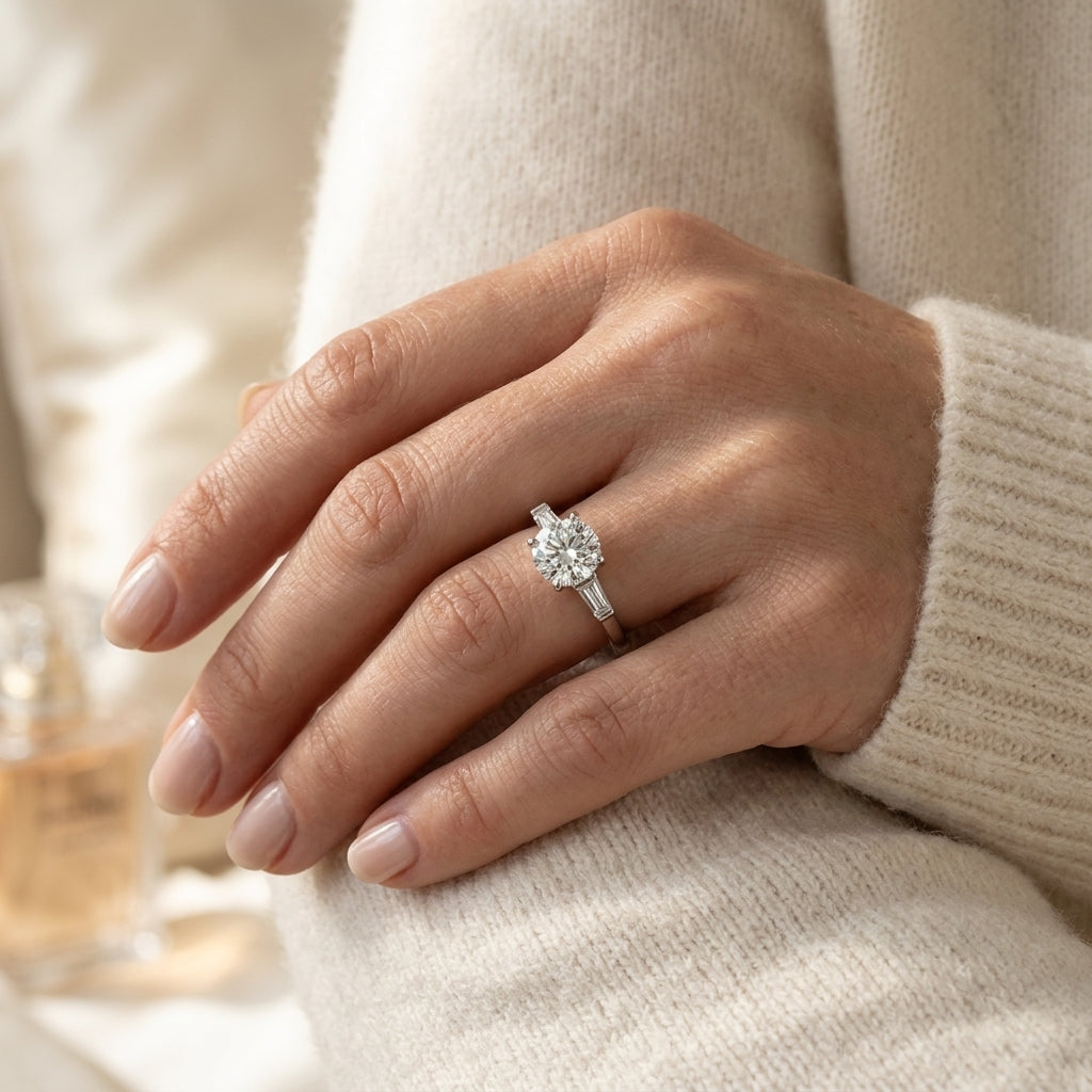 3-Stone Tapered Baguette Peg Head Engagement Ring - worn lifestyle photo