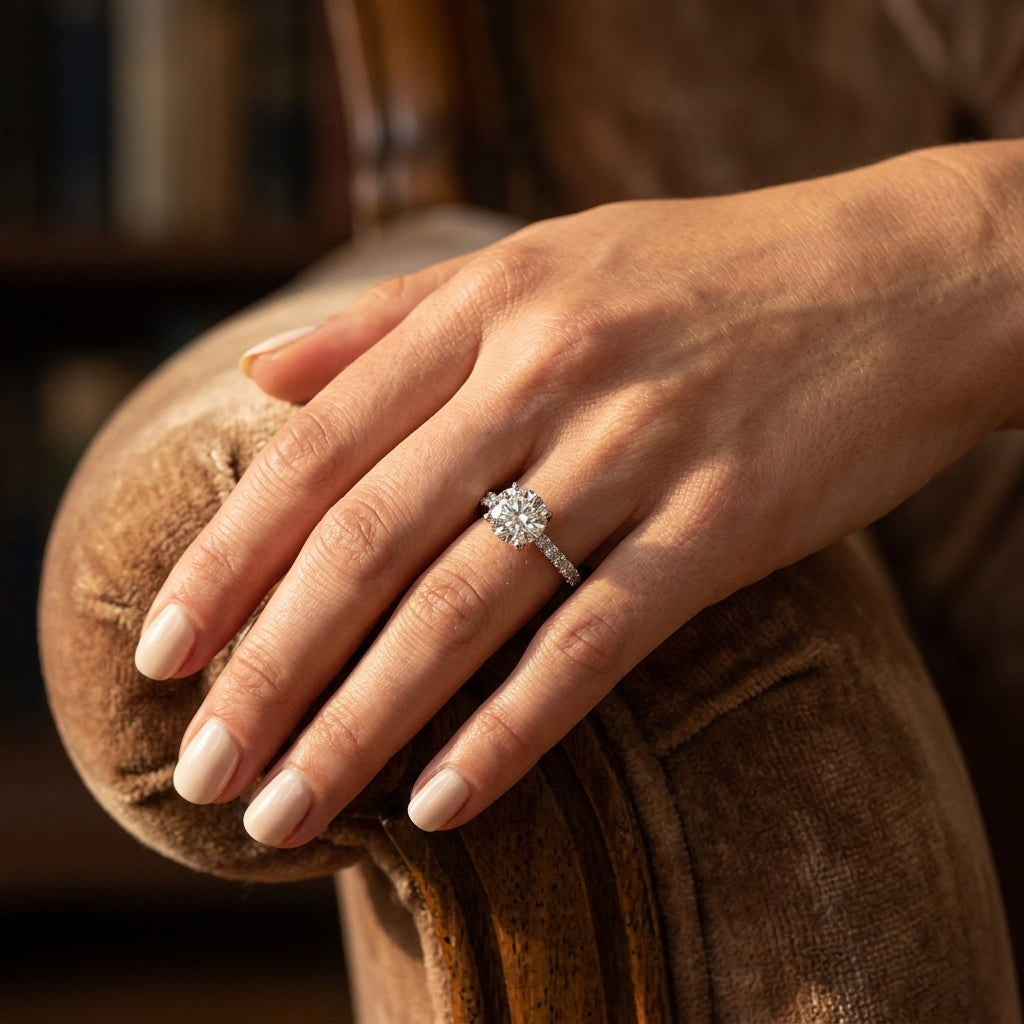Single Row Cathedral Engagement Ring - worn lifestyle photo