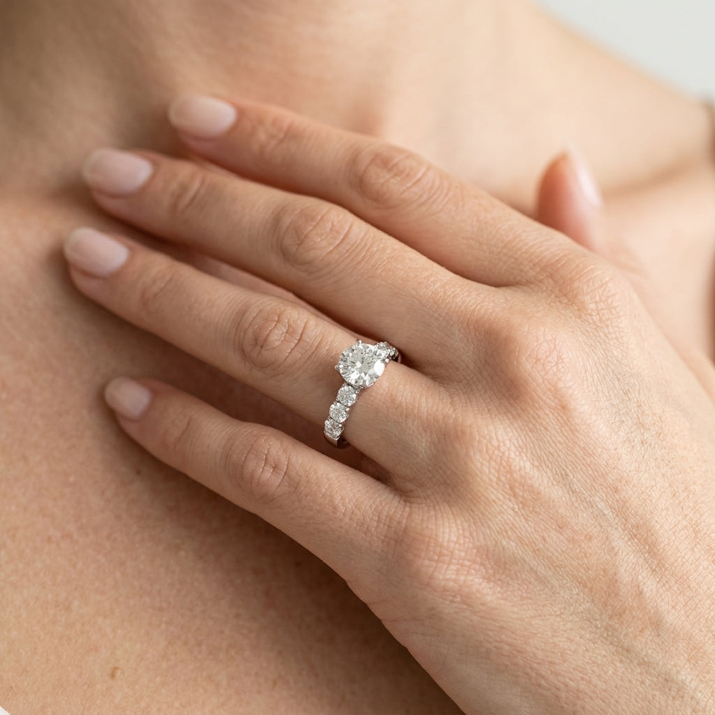 Single Row Split Prong Engagement Ring - worn lifestyle photo