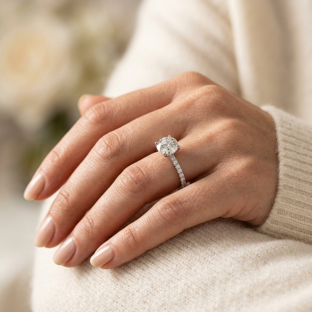 Single Row Split Prong Engagement Ring - worn lifestyle photo