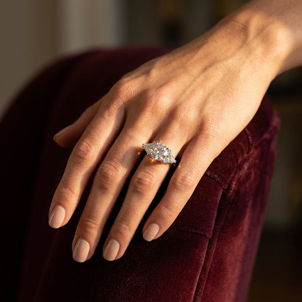 3-Stone Trillion Engagement Ring - worn lifestyle photo