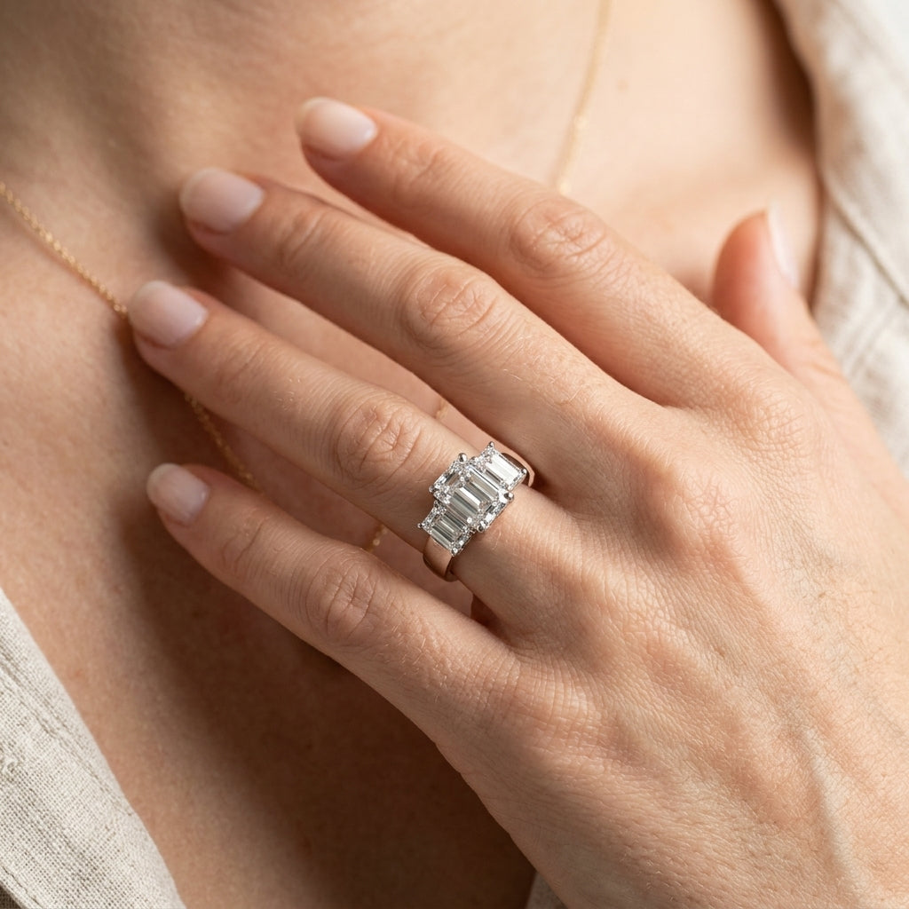 3-Stone Emerald Cut Trellis Engagement Ring - worn lifestyle photo