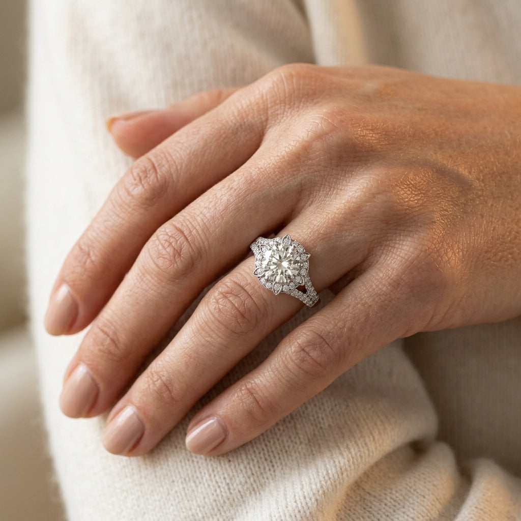 Floral Halo Split Shank Engagement Ring - worn lifestyle photo