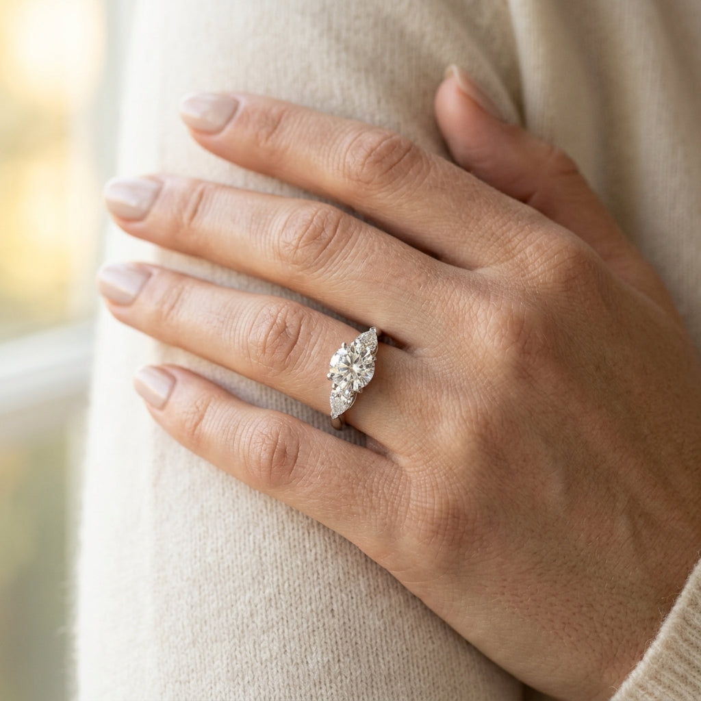 3-Stone Pear Engagement Ring - worn lifestyle photo