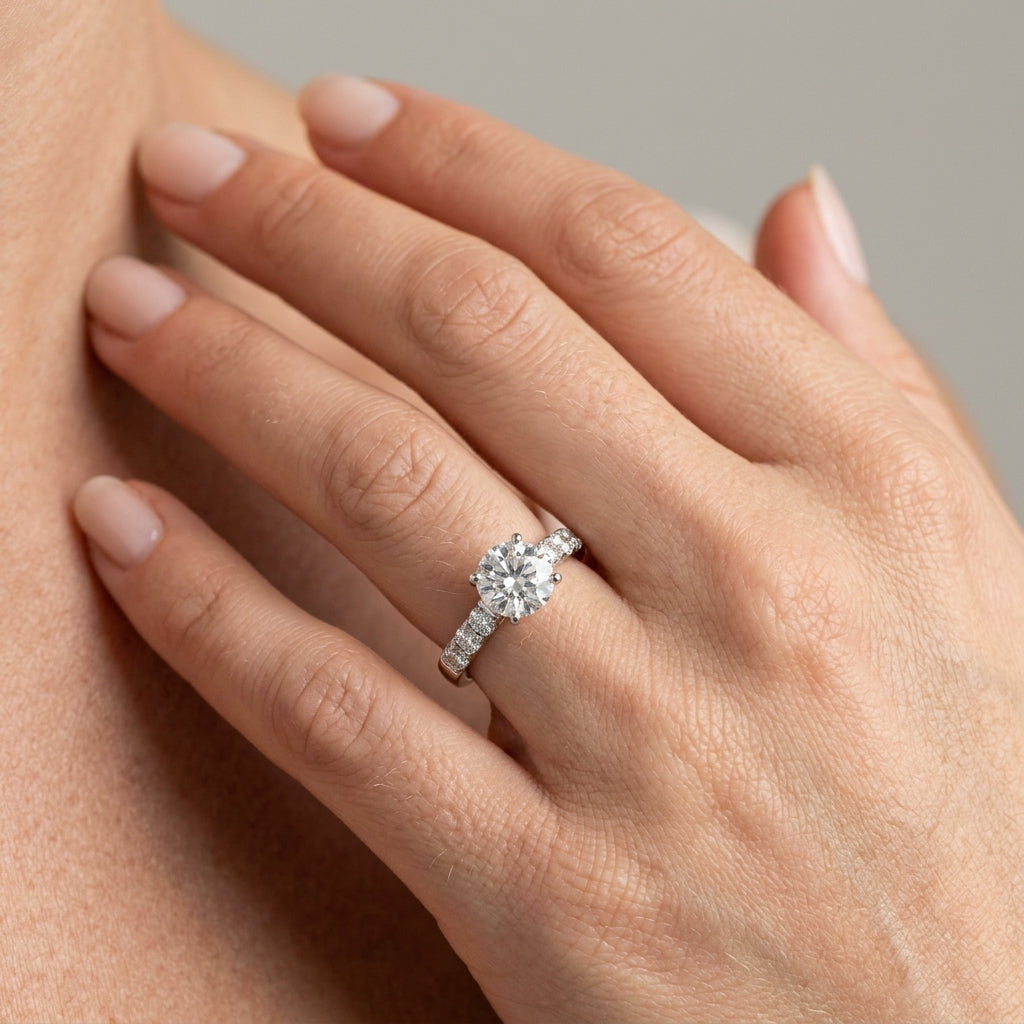 Single Row Split Prong Cathedral Engagement Ring - worn lifestyle photo