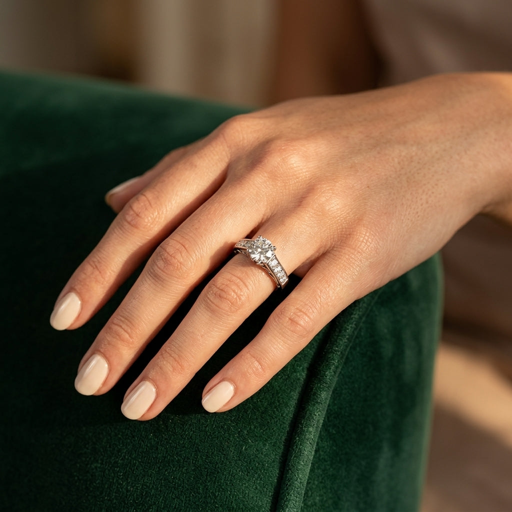 Single Row Prong In Channel Engagement Ring - worn lifestyle photo