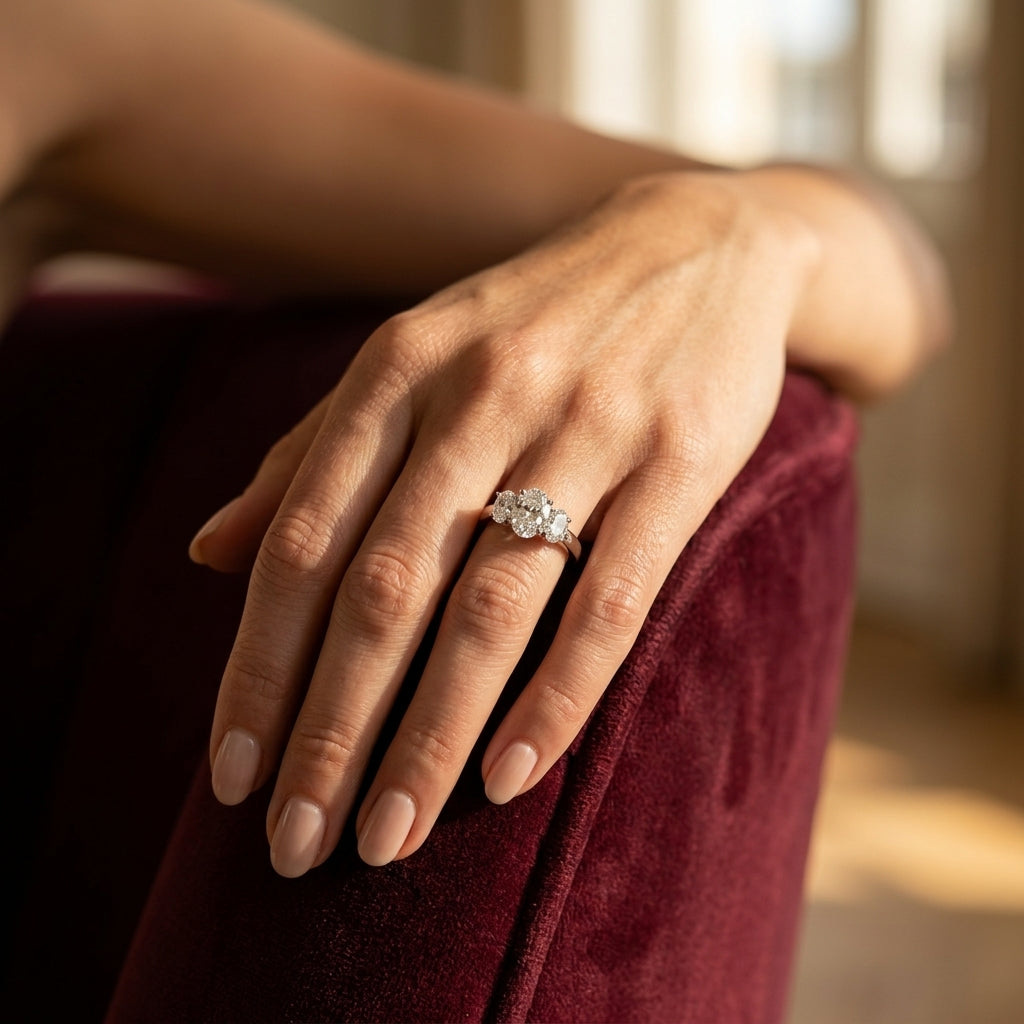 3-Stone Trellis Oval Engagement Ring - worn lifestyle photo
