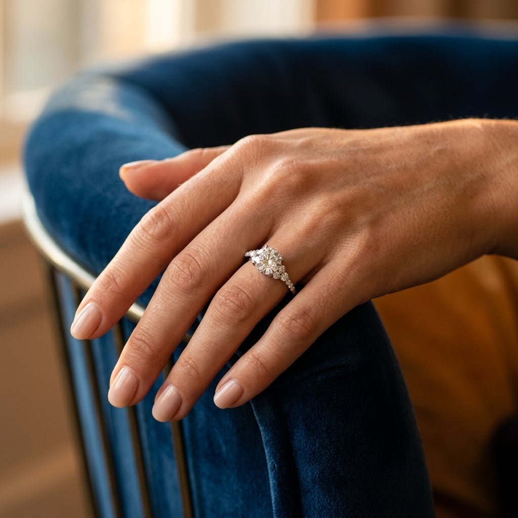 Cluster Side Engagement Ring - worn lifestyle photo