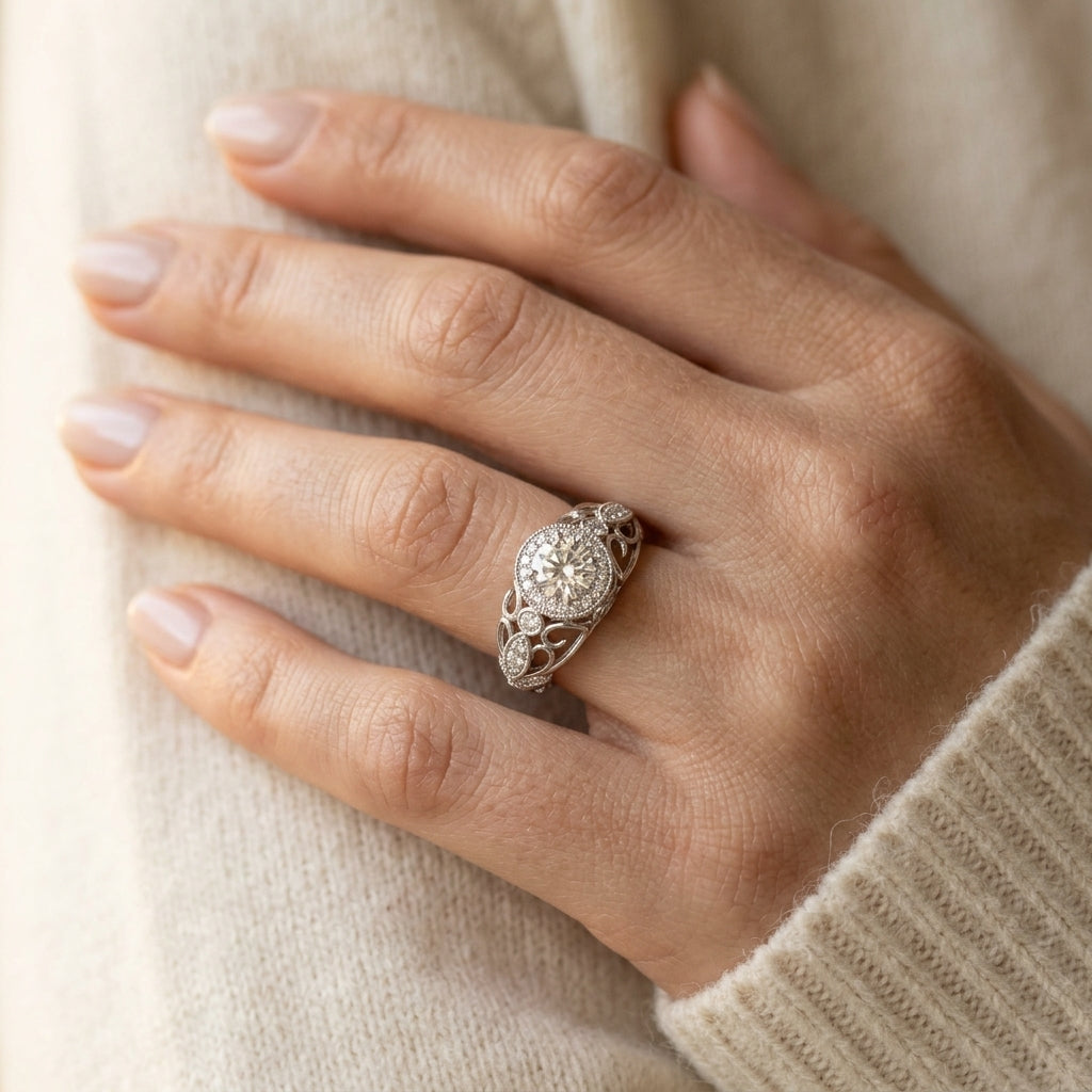 Vintage-Inspired Halo Filigree Engagement Ring - worn lifestyle photo