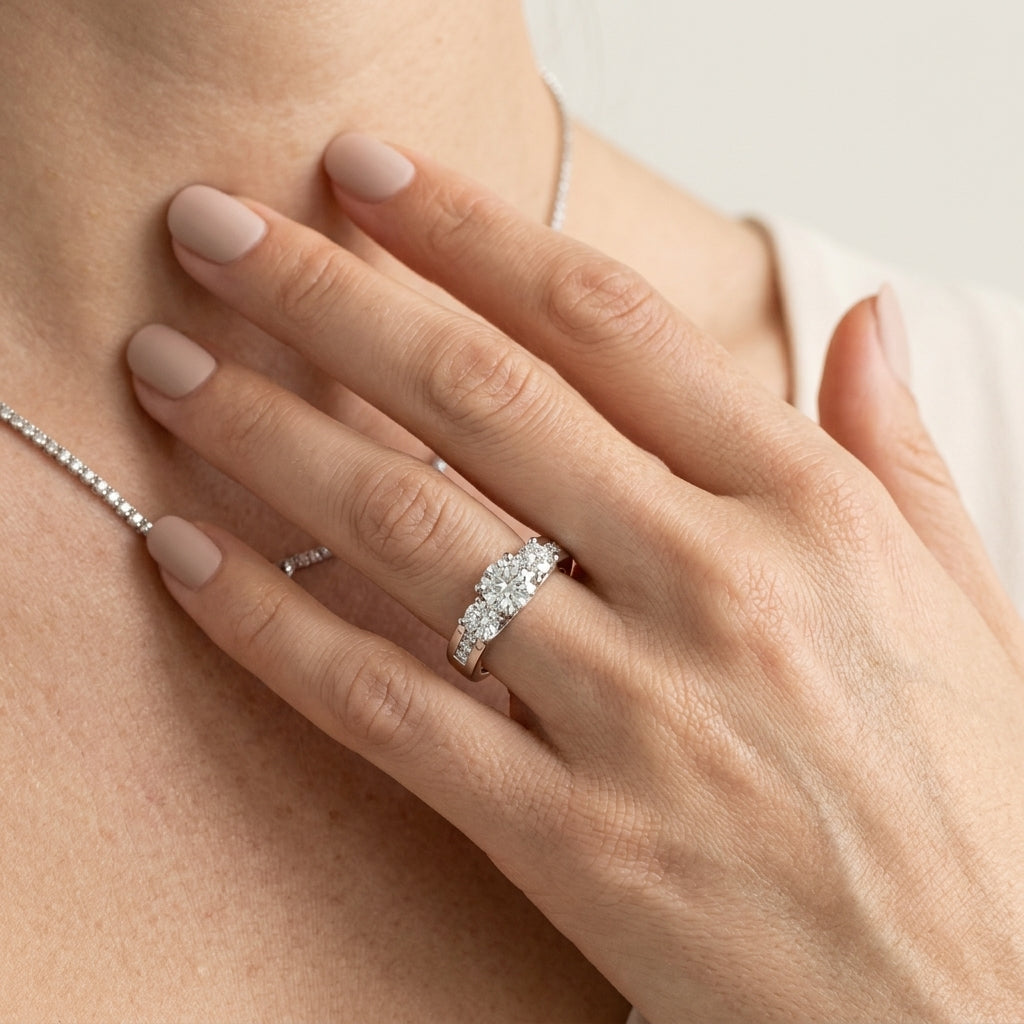 3-Stone Trellis Engagement Ring - worn lifestyle photo