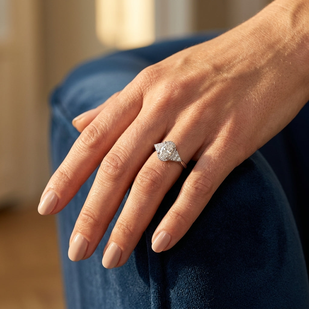 Vintage-Inspired Oval Engagement Ring - worn lifestyle photo
