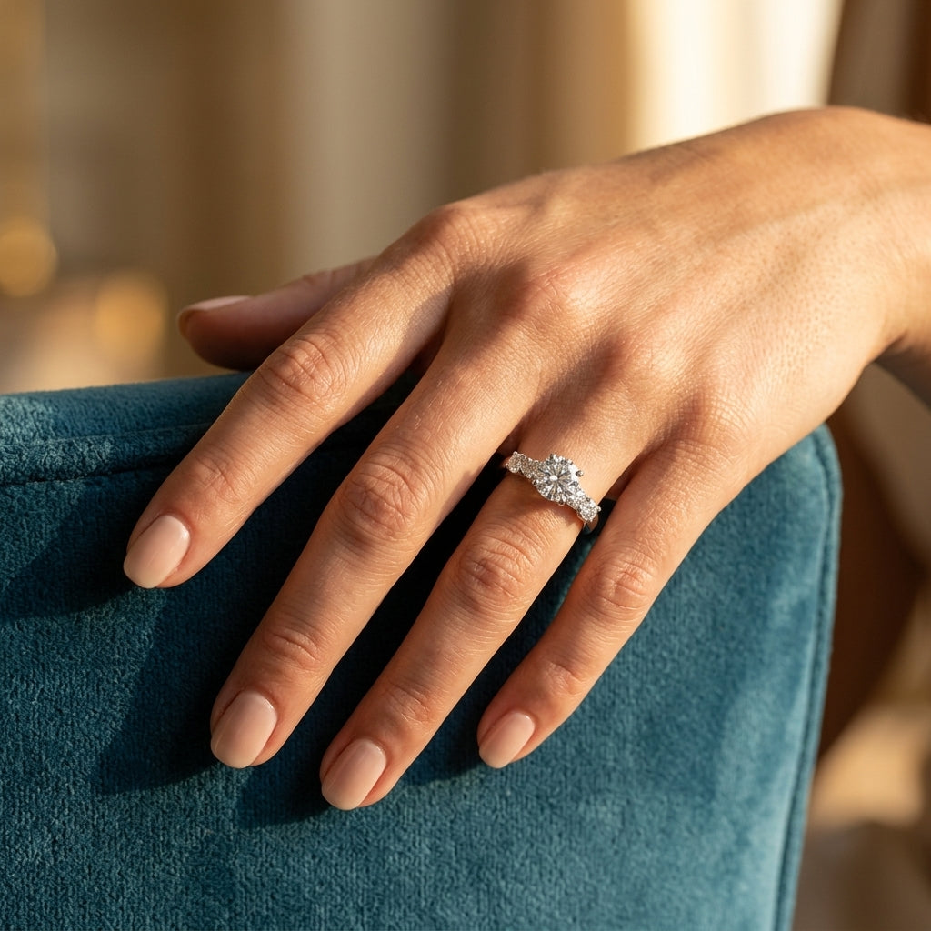 Shared Prong Engagement Ring - worn lifestyle photo