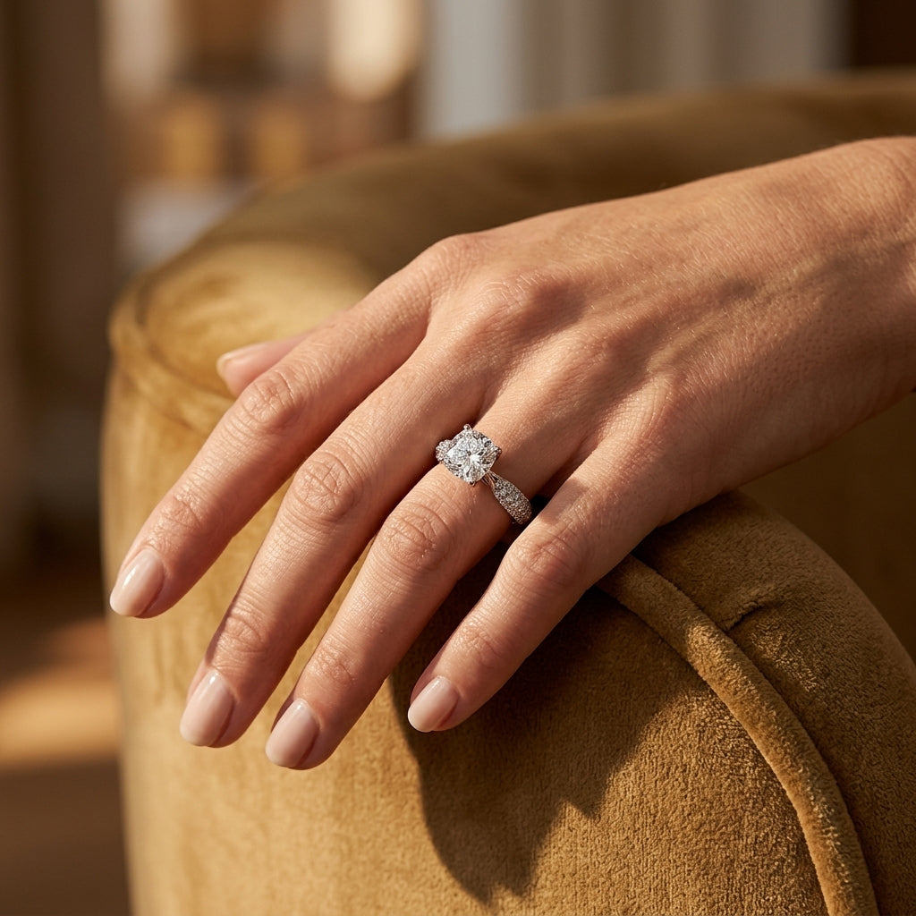 Multirow Pavé Set Engagement Ring - worn lifestyle photo