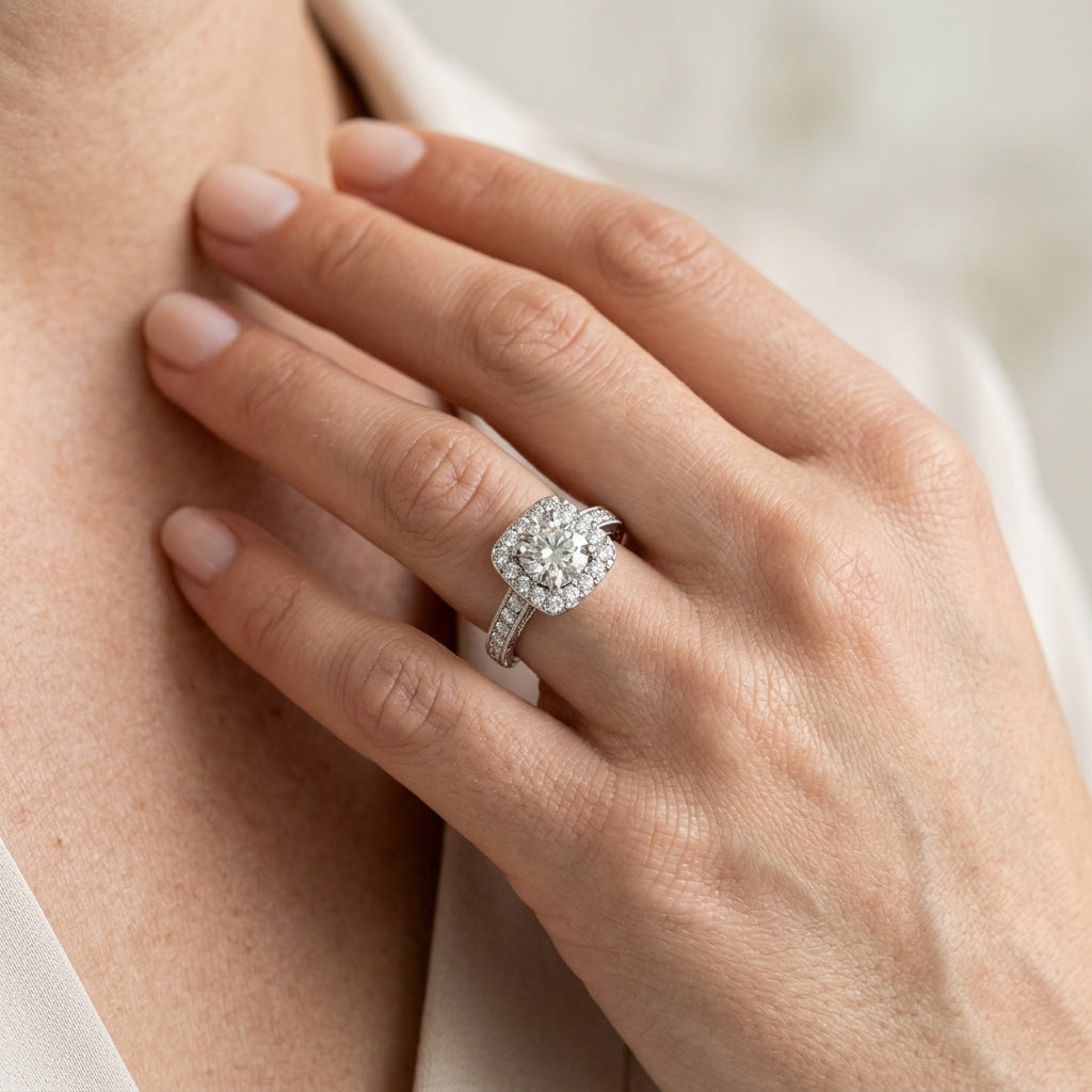 Vintage-Inspired Halo Engagement Ring - worn lifestyle photo