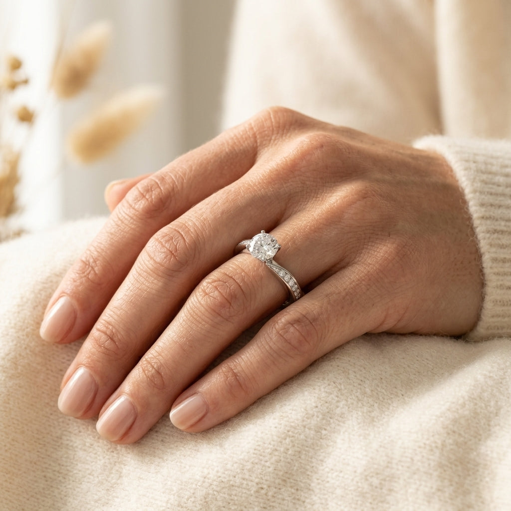 Single Row Channel Set Engagement Ring - worn lifestyle photo