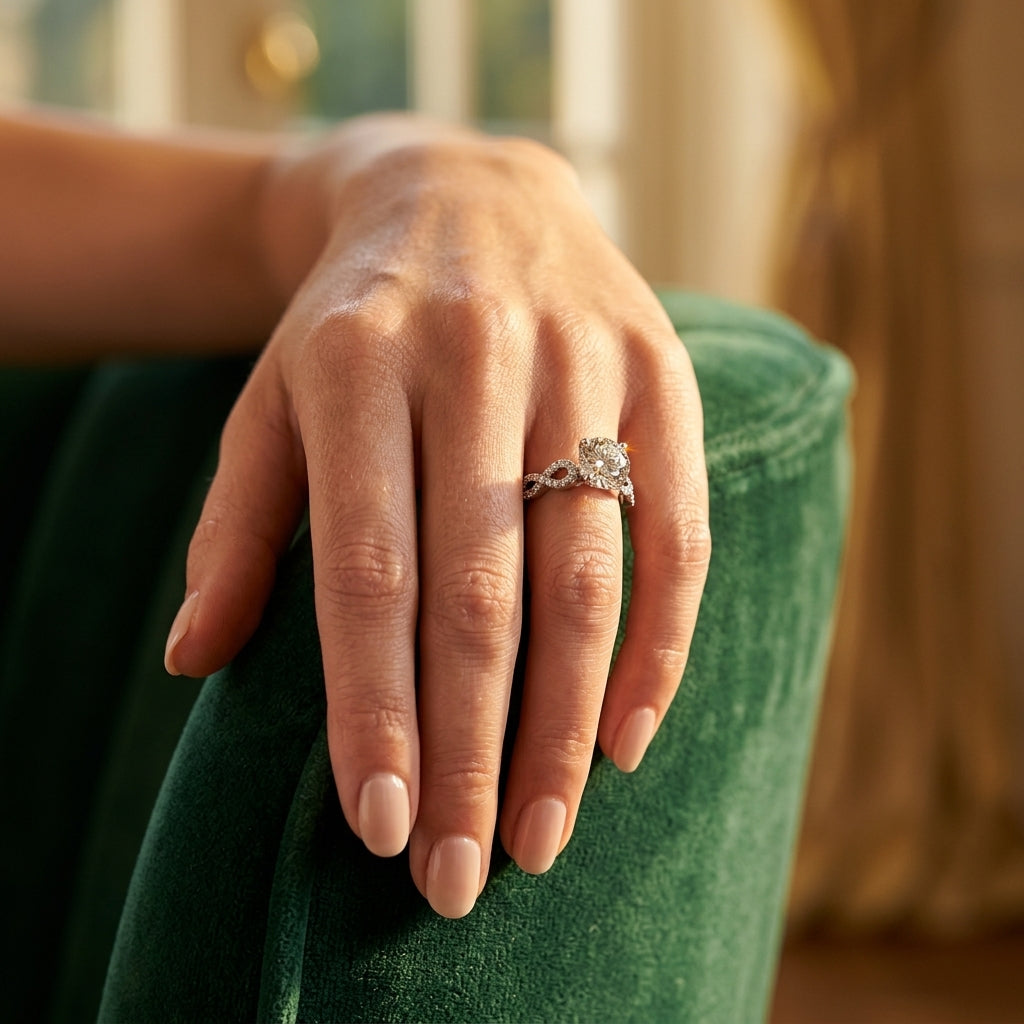 Infinity Twisted Shank Engagement Ring - worn lifestyle photo