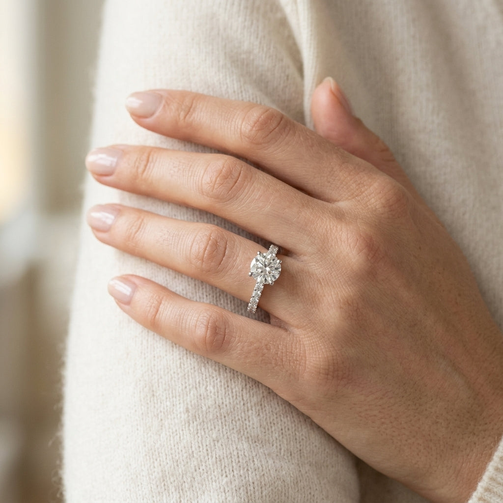 Single Row Shared Prong Engagement Ring - worn lifestyle photo