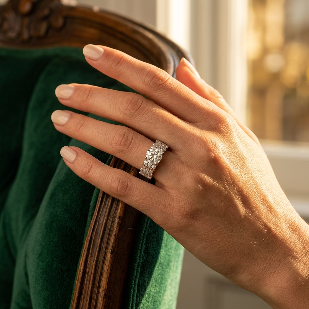 Alternating Round & Baguette Engagement Ring - worn lifestyle photo