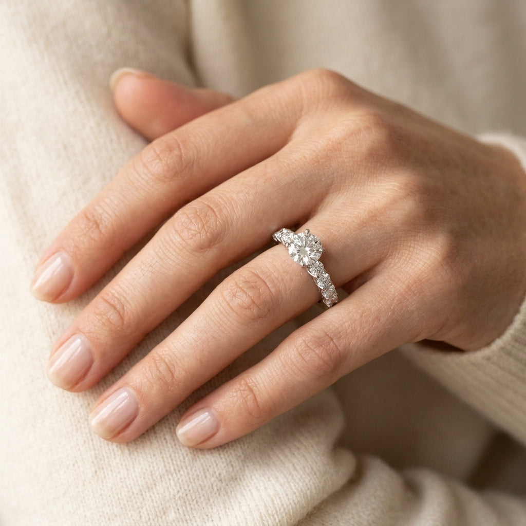 Single Row Shared Prong Engagement Ring - worn lifestyle photo