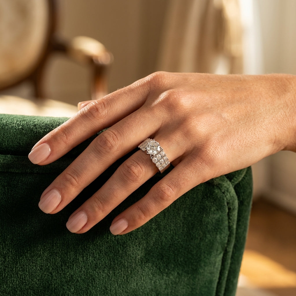 Multirow Channel Set Peg Head Engagement Ring - worn lifestyle photo
