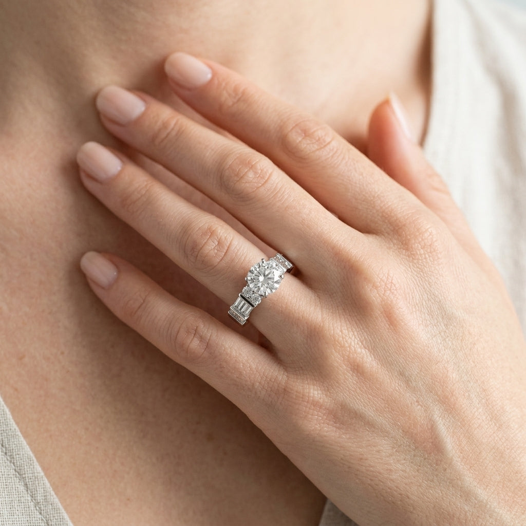 Round & Straight Baguette Channel Set Peg Head Engagement Ring - worn lifestyle photo