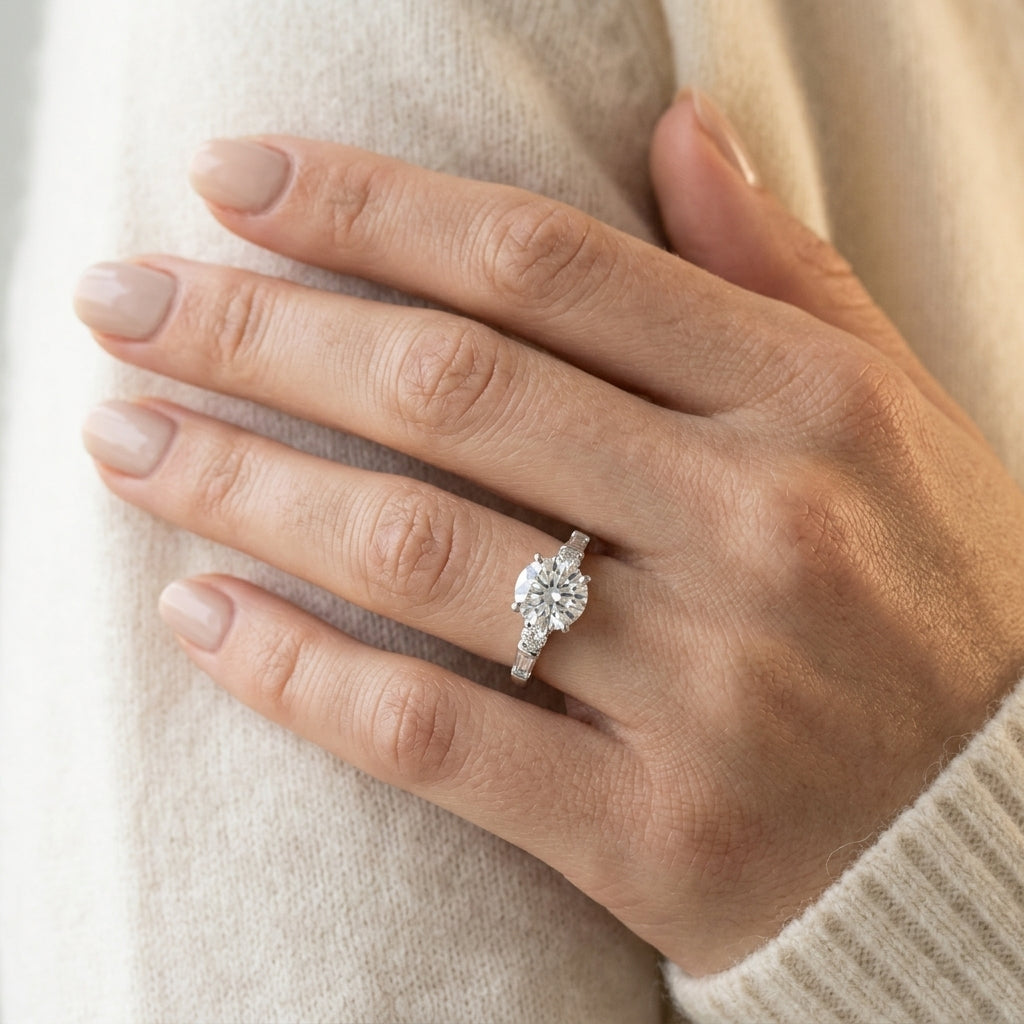 Round & Tapered Baguette Engagement Ring - worn lifestyle photo