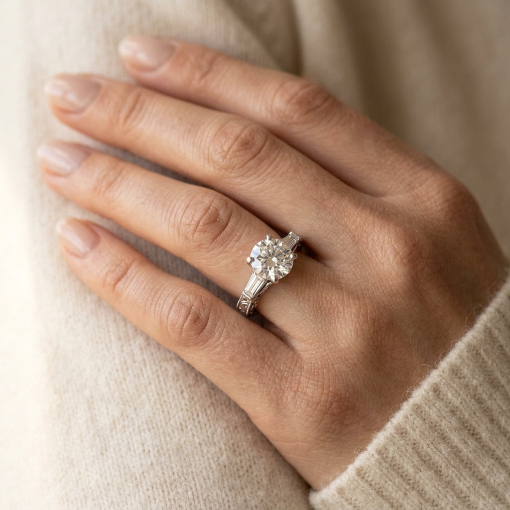 Vintage-Inspired 3-Stone Milgrained Engagement Ring - worn lifestyle photo
