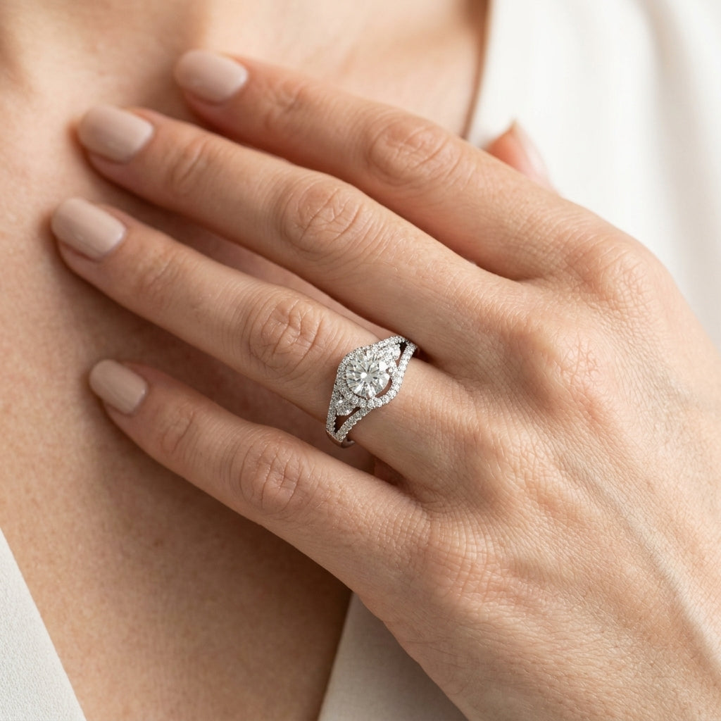Bypass Halo Split Shank Engagement Ring - worn lifestyle photo